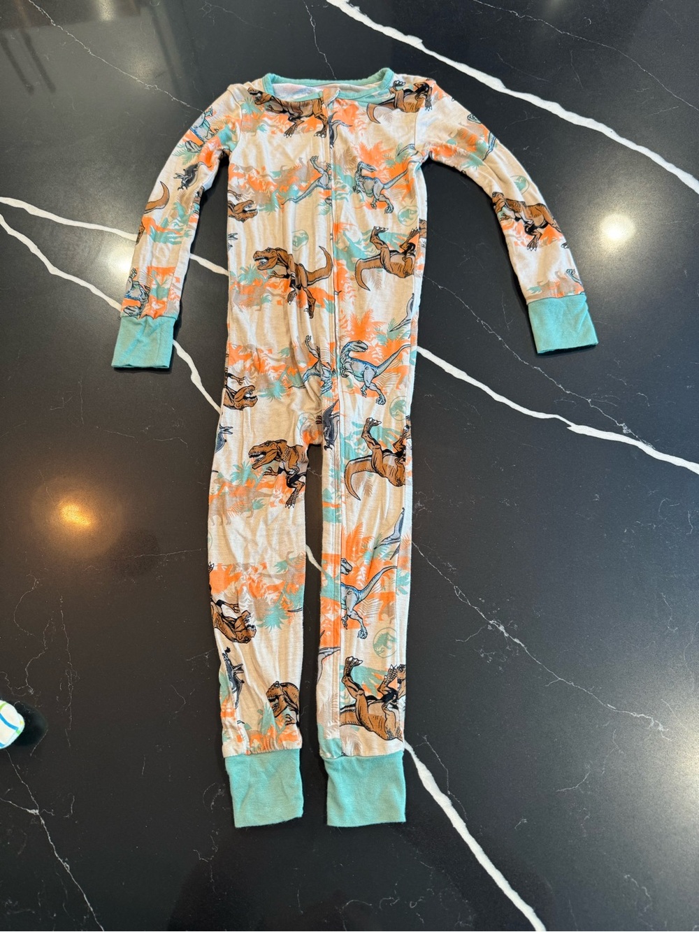 Bamboo Jurassic World Print One-Piece Pajamas in Teal Trim
